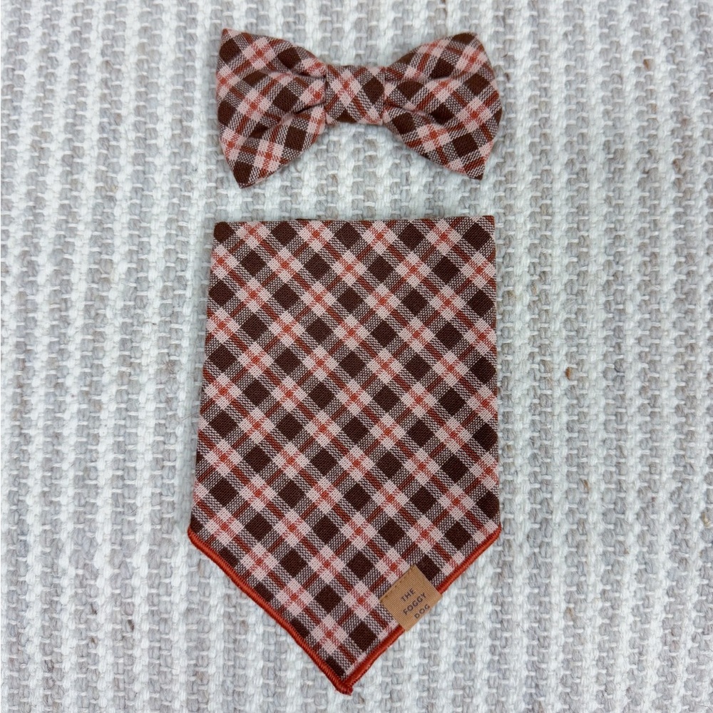 The Foggy Dog Red and Brown Plaid Dog Bow Tie and Bandana